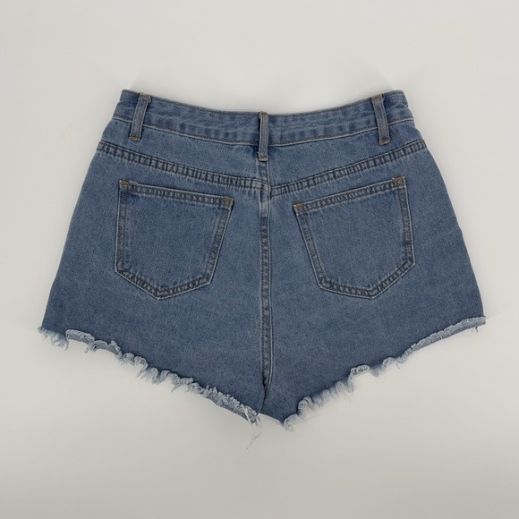 Women's Y2K Distressed Denim Cutoff Shorts + Orange Ribbed Tube Top Set Medium - Picture 3 of 13